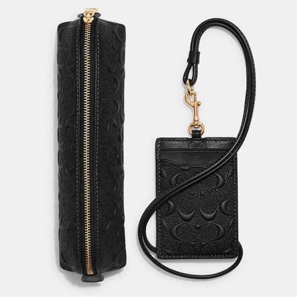 Boxed Pencil Case & ID Lanyard Set in Signature Leather – Coach - Black NWT - Picture 1 of 6